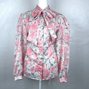 Vintage 1980’s Pink Floral Pussy Bow Button Front Blouse Tie Neck Sz 10 / L